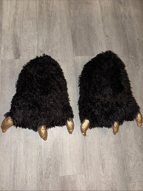 Plush Black Furry Monster Paw Slippers with Gold Claws